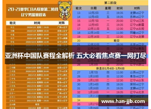 亚洲杯中国队赛程全解析 五大必看焦点赛一网打尽