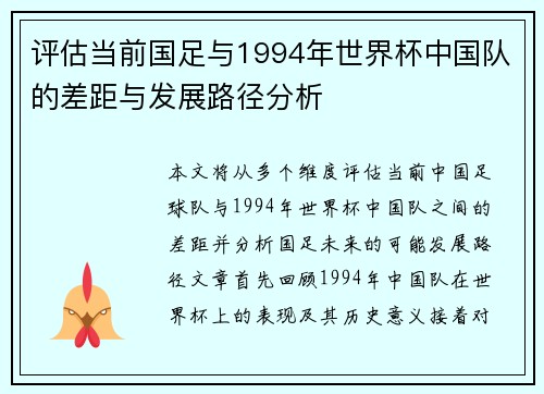 评估当前国足与1994年世界杯中国队的差距与发展路径分析