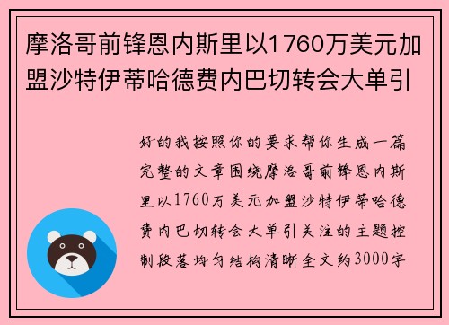摩洛哥前锋恩内斯里以1760万美元加盟沙特伊蒂哈德费内巴切转会大单引关注